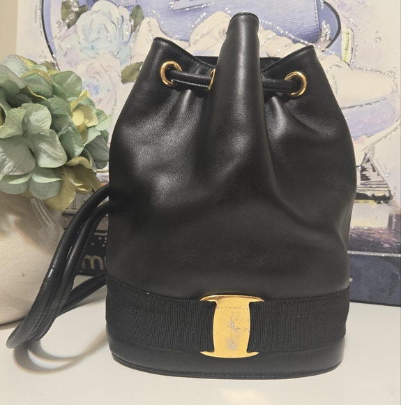 Salvatore Ferragamo Handbags - Vintage Salvatore Ferragamo Black Drawstring Leather Backpack